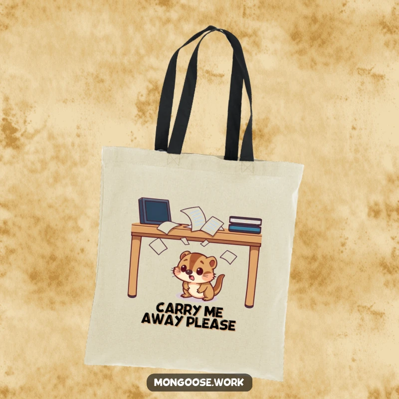 Funny startled mongoose tote bag, character hiding under a desk, papers flying, office chaos.