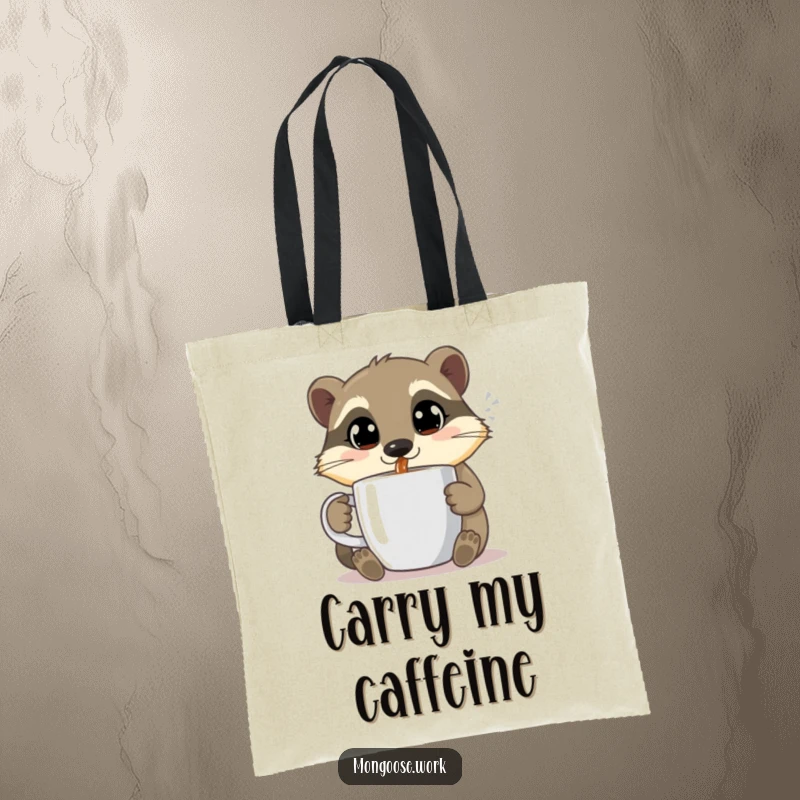 Funny Mongoose tote bag, sipping coffee happily, cute coffee accessory, cafe bag, ideal funny gift.