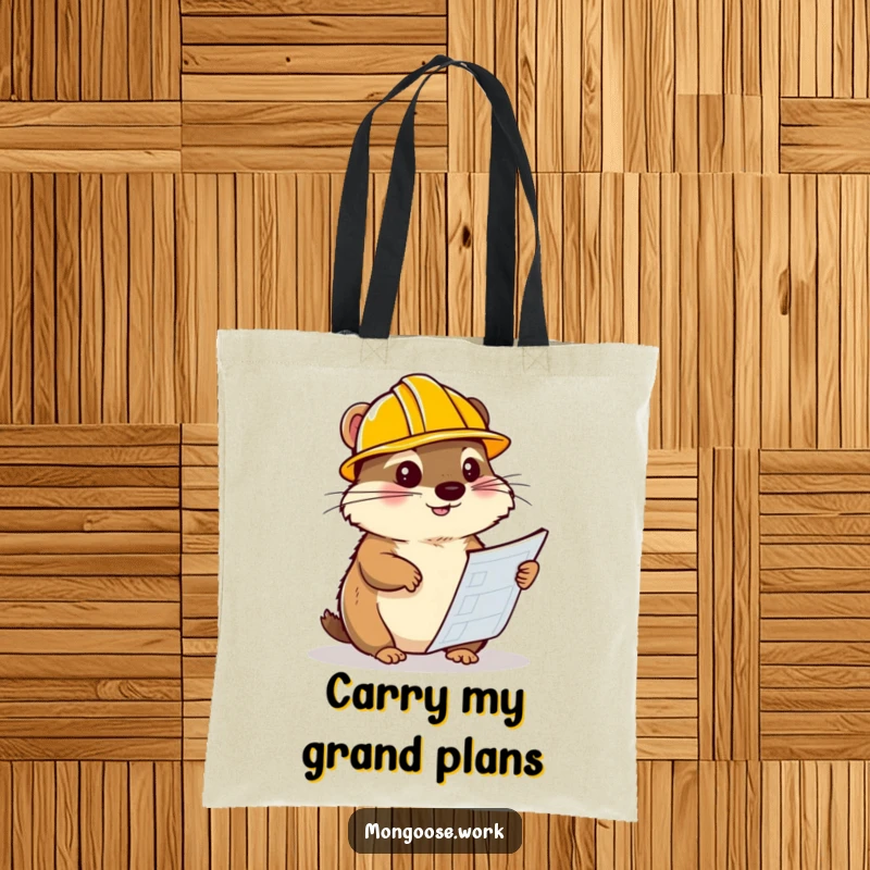Funny mongoose tote bag, wearing a hard hat and examining blueprints, a humorous and practical accessory for builders.