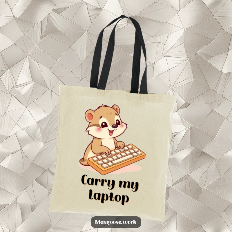 Funny Mongoose tote bag, typing on big keyboard, cute tech accessory, programmer bag, ideal funny gift.