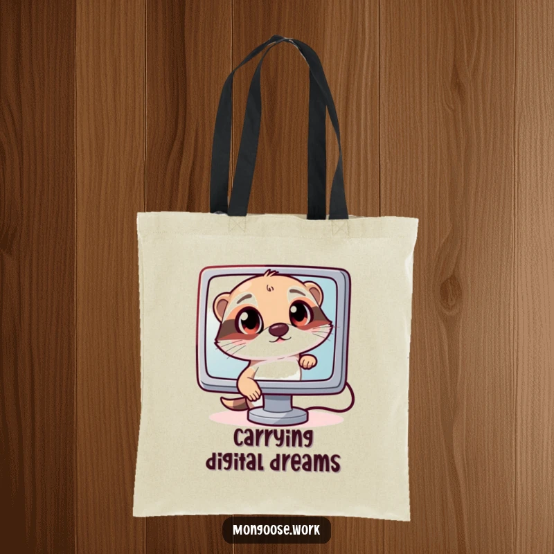 Funny Curious Mongoose Tote Bag: A mongoose with big eyes peers into a computer, perfect for carrying tech gear with funny charm, a great gift.