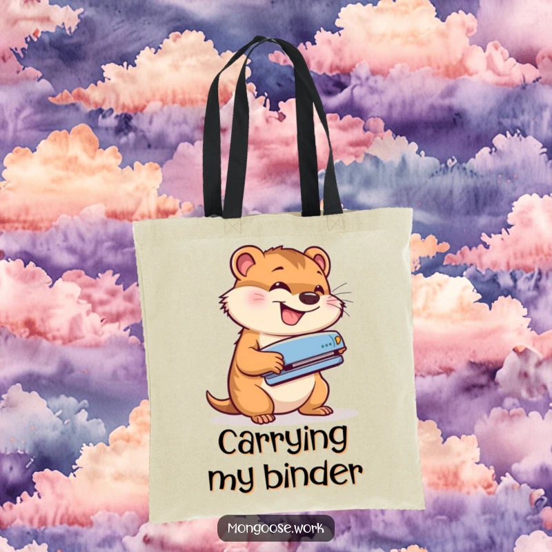 Funny tote bag with a cute mongoose energetically using a stapler with a grin, showcasing a humorous and productive office accessory.