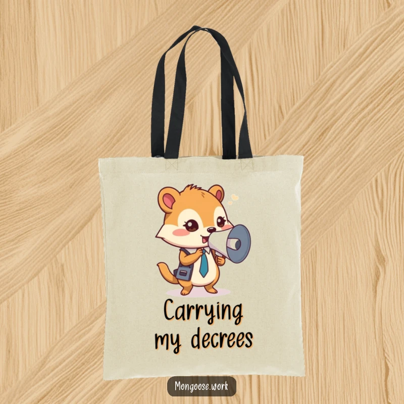 Funny Mongoose Tote Bag, a focused office worker using a rolled-up document as a megaphone, ideal for carrying messages.