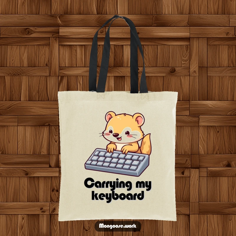 Funny mongoose tote bag, a cute mongoose typing rapidly on a large keyboard, perfect for carrying tech items and showcasing humor.