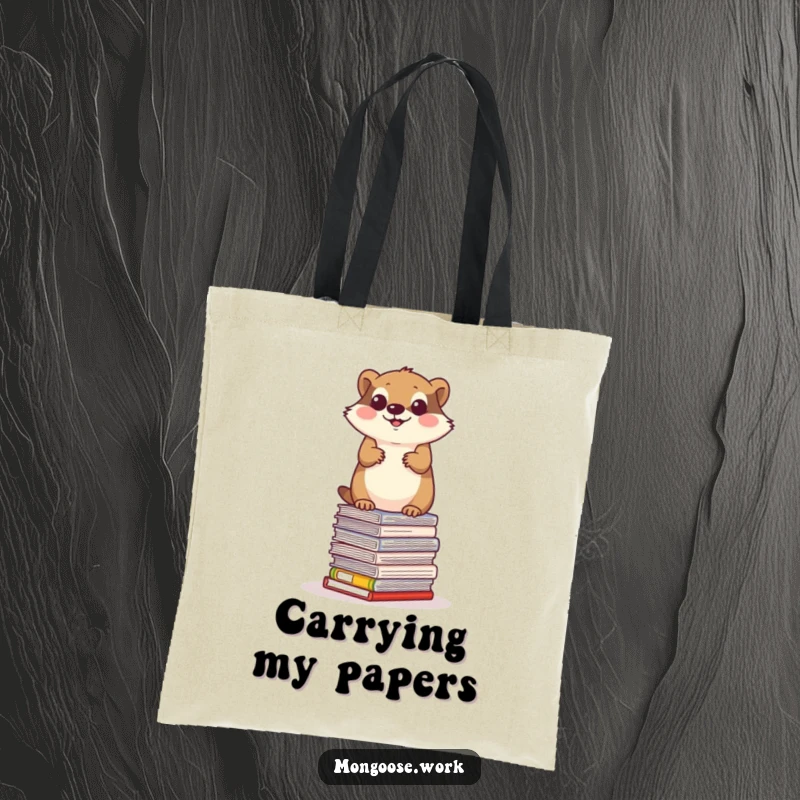 Funny mongoose tote bag, a determined mongoose balancing on a stack of office papers, office ambition humor.