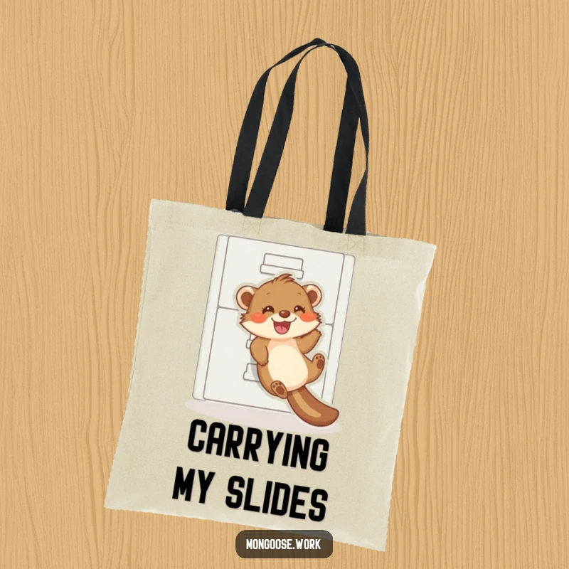 Funny mongoose tote bag, a playful mongoose sliding down a filing cabinet, office adventure, practical humor gift.