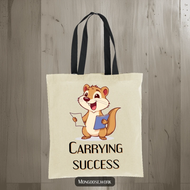 Funny tote bag with an excited mongoose wagging its tail while presenting a report. Ideal for presenters.