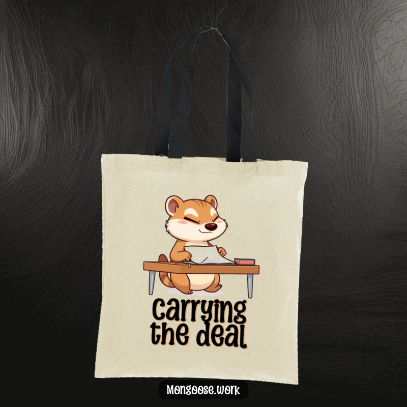 Funny mongoose sliding a document across a desk with a determined wink on a tote bag, a humorous accessory for busy professionals.