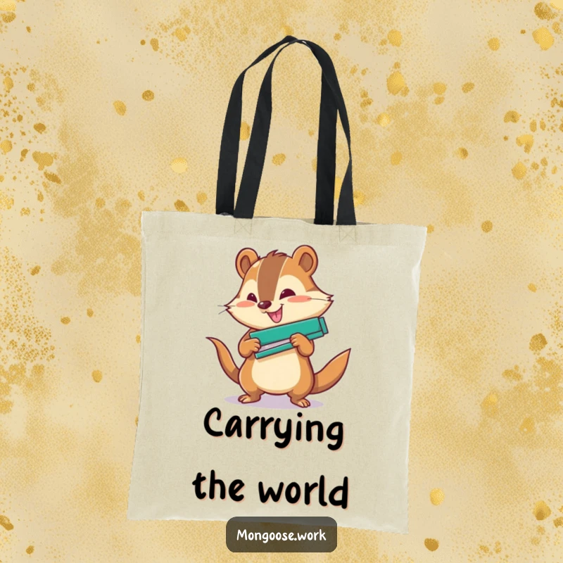 Funny Office Tote Bag: A mongoose character using a stapler with great force, perfect for carrying work essentials.