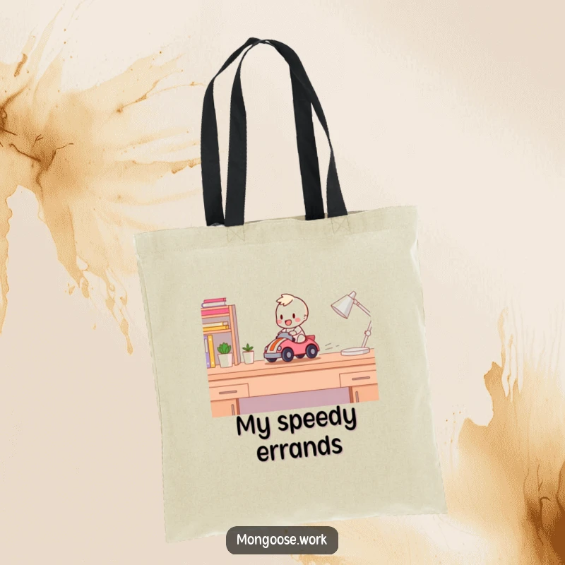Funny Tote Bag: Happy character racing a toy car across a desk, showcasing speed and humor for everyday use.