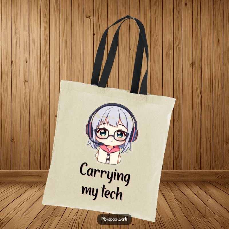 Funny Tote Bag: Character comically attempting to wear headset and glasses simultaneously, ready for errands.