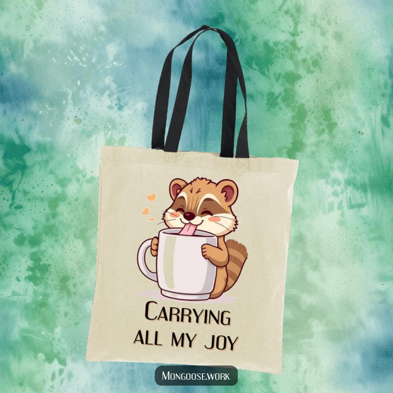 Funny Kawaii mongoose drinking from a giant coffee mug, printed on a tote bag, representing portable happiness and coffee love.