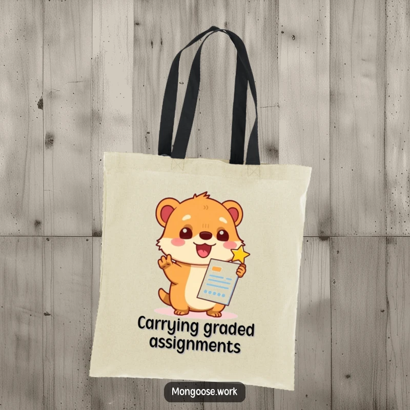 Funny Kawaii mongoose character awarding stars to a report, printed on a tote bag, symbolizing excellent taste and humor.