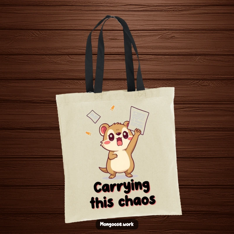 Funny Kawaii mongoose tote bag, featuring a surprised mongoose dodging a flying document, a humorous and practical accessory.