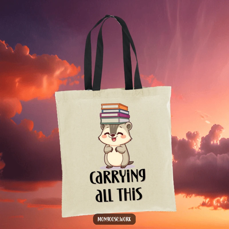 Funny Kawaii mongoose tote bag, featuring a giggling mongoose balancing a stack of files on its head, a fun and practical accessory.