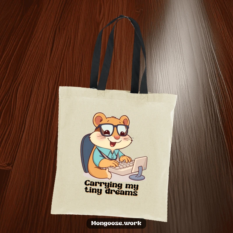 Funny tote bag illustrating a giddy mongoose office worker typing rapidly on a small keyboard, clutching supplies with a beaming, determined expression.