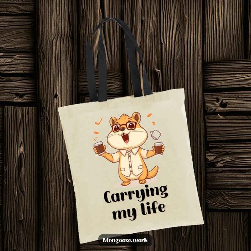 Funny tote bag showing a cheerful mongoose office worker expertly juggling several coffee cups, looking confident and energetic.