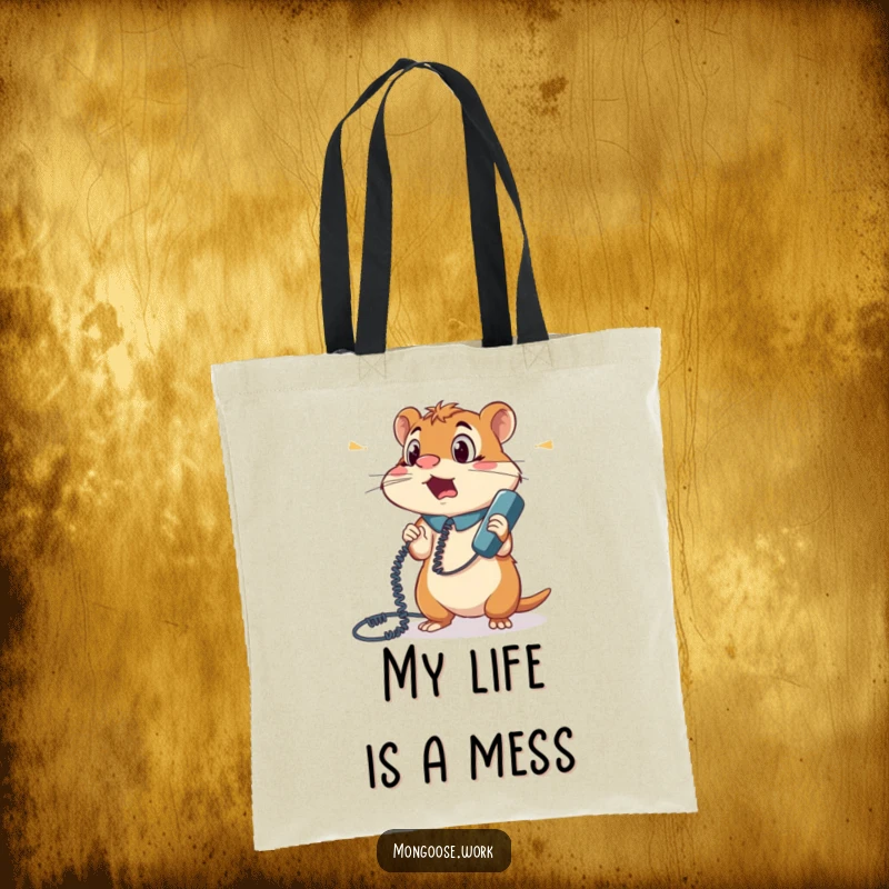 Funny tote bag showing a surprised mongoose office worker completely wrapped up in a phone cord, looking utterly bewildered and stuck.