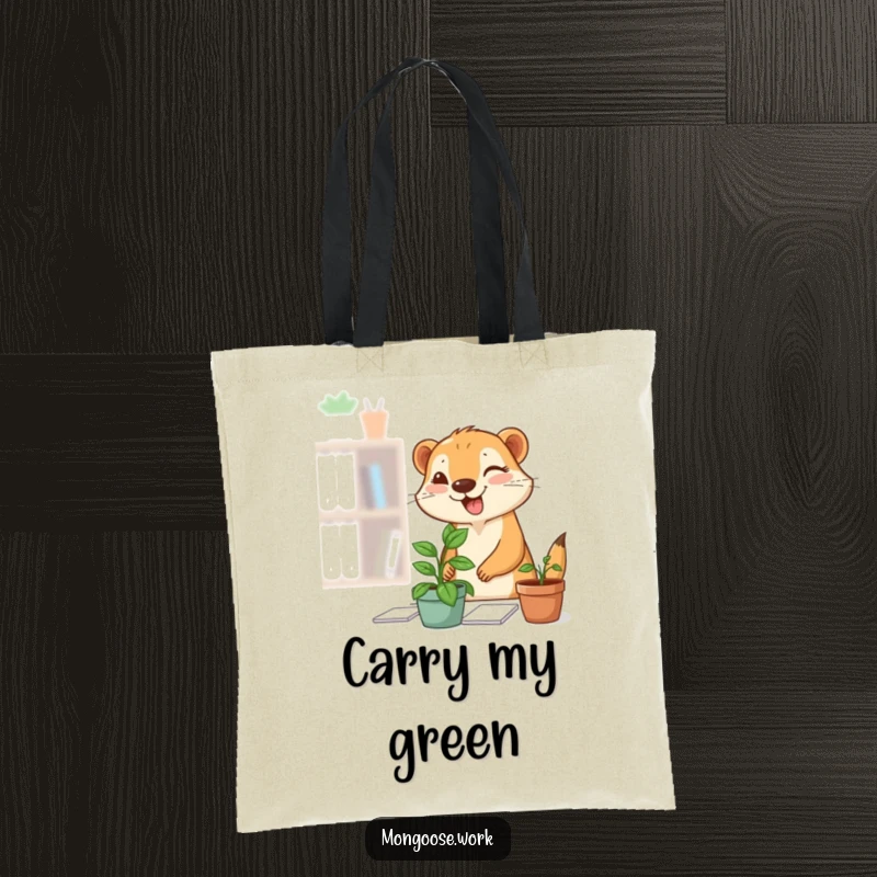 Funny Mongoose Plant Tote Bag: A stylish tote featuring a mongoose happily placing a small plant on a desk, giving a knowing wink.
