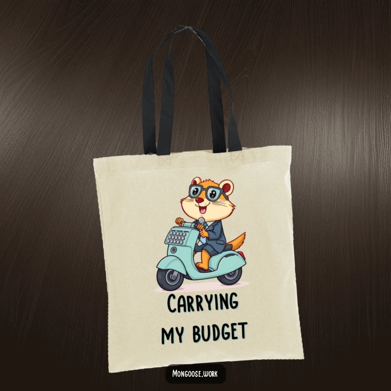 Funny Mongoose Tote Bag, a mischievous office worker riding an adding machine as a scooter, ideal for carrying daily items.