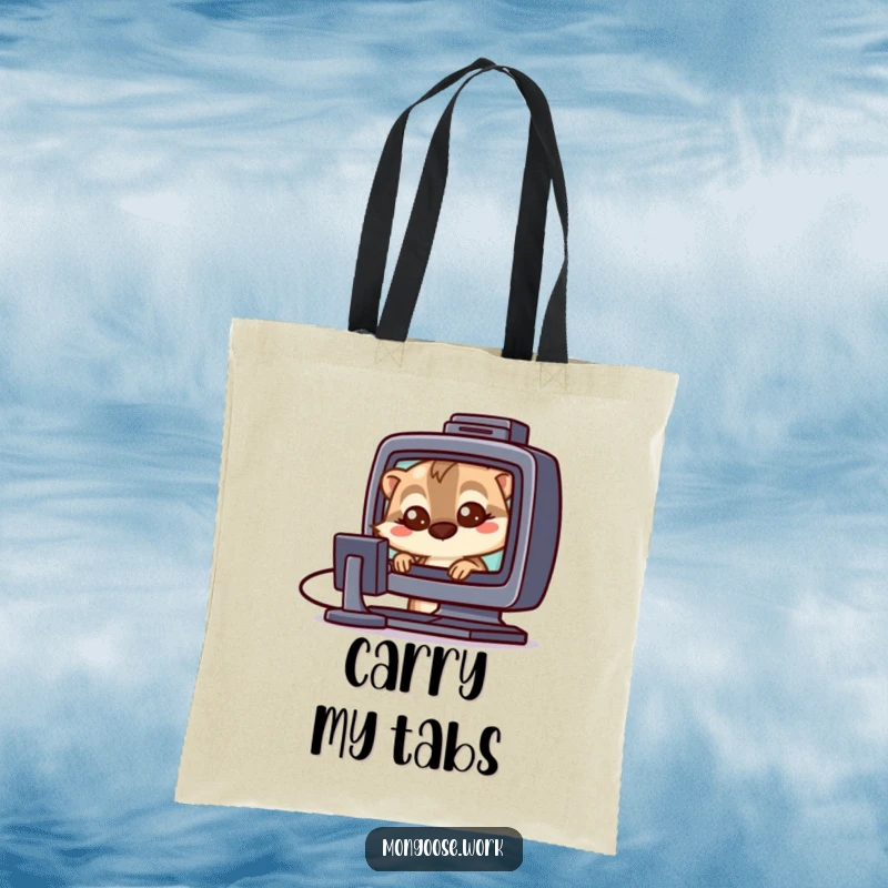 Funny Mongoose tech tote bag featuring a mongoose with wide eyes staring at a computer screen, ideal for tech gear.
