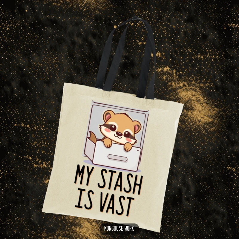 Funny Tote Bag showcasing a playful cartoon mongoose peeking out of a filing cabinet drawer, perfect for carrying your office essentials with humor.