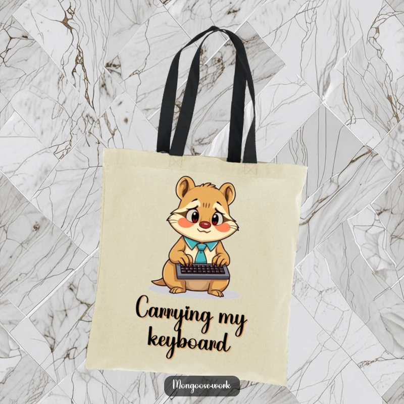 Funny surprised mongoose wearing a tie, typing frantically on a tiny keyboard, on a durable tote bag.