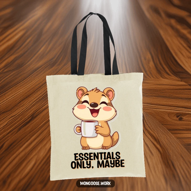 Funny Mongoose Tote Bag: A happy mongoose character holding a coffee mug, designed for stylish and cheerful carrying.