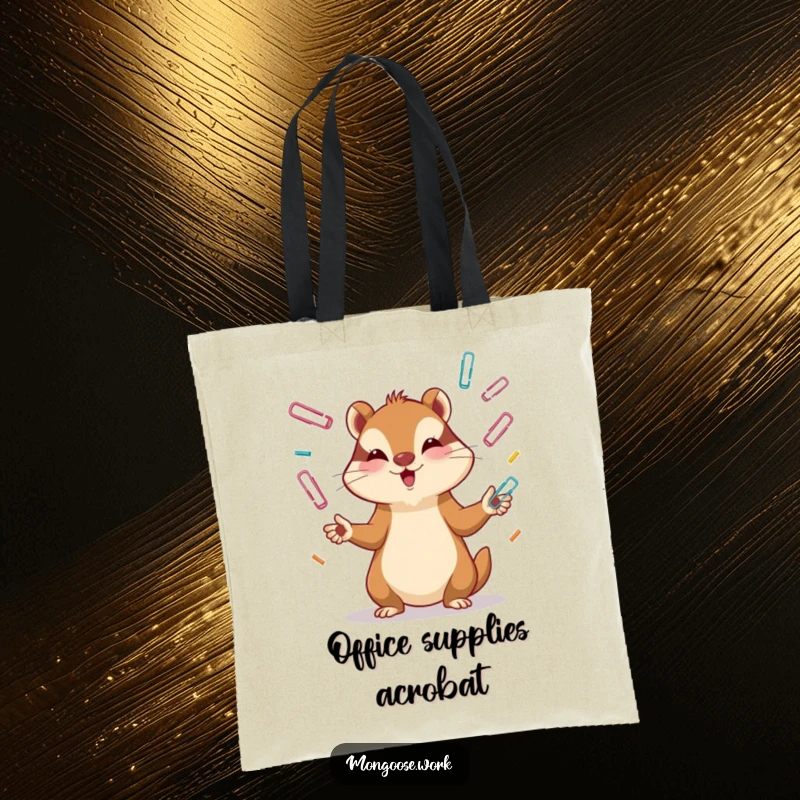 Funny Mongoose Tote Bag: A mongoose juggling paper clips with intense focus, perfect for carrying items with a humorous, organized touch.