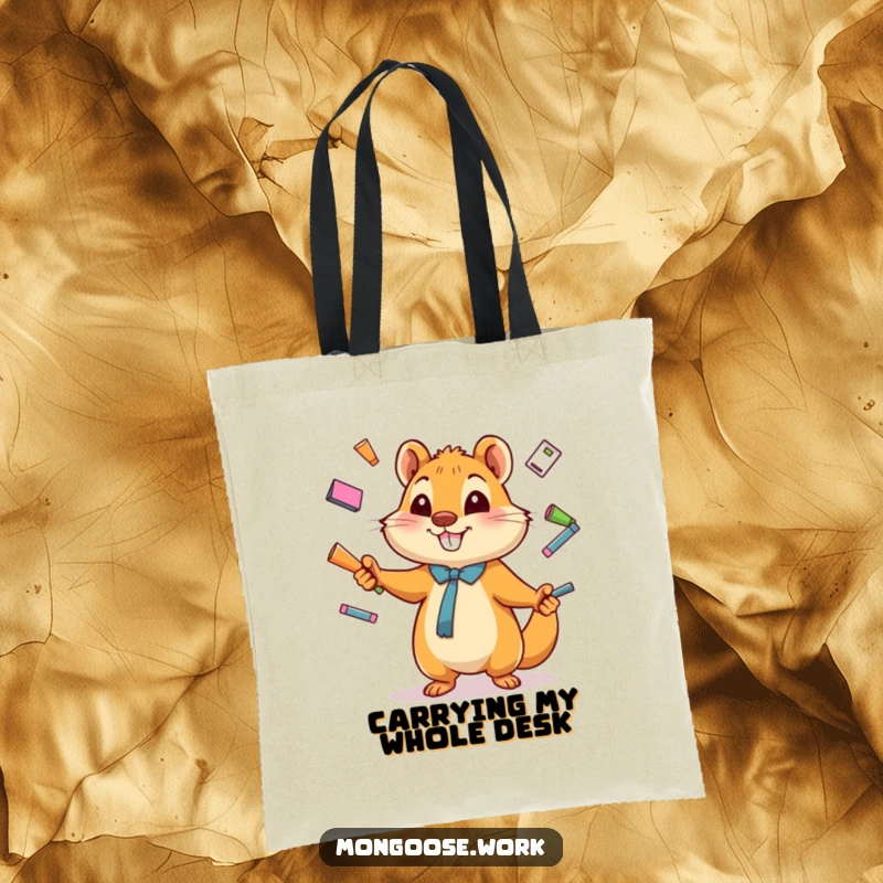 Funny Tote Bag showcasing a happy cartoon mongoose juggling office supplies, perfect for carrying your multitasking essentials with humor.
