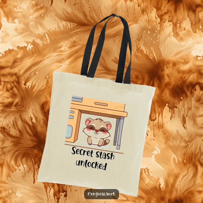 Funny Mongoose Tote Bag: A mischievous mongoose peeking from under a desk, perfect for carrying items with a dose of funny, everyday humor.