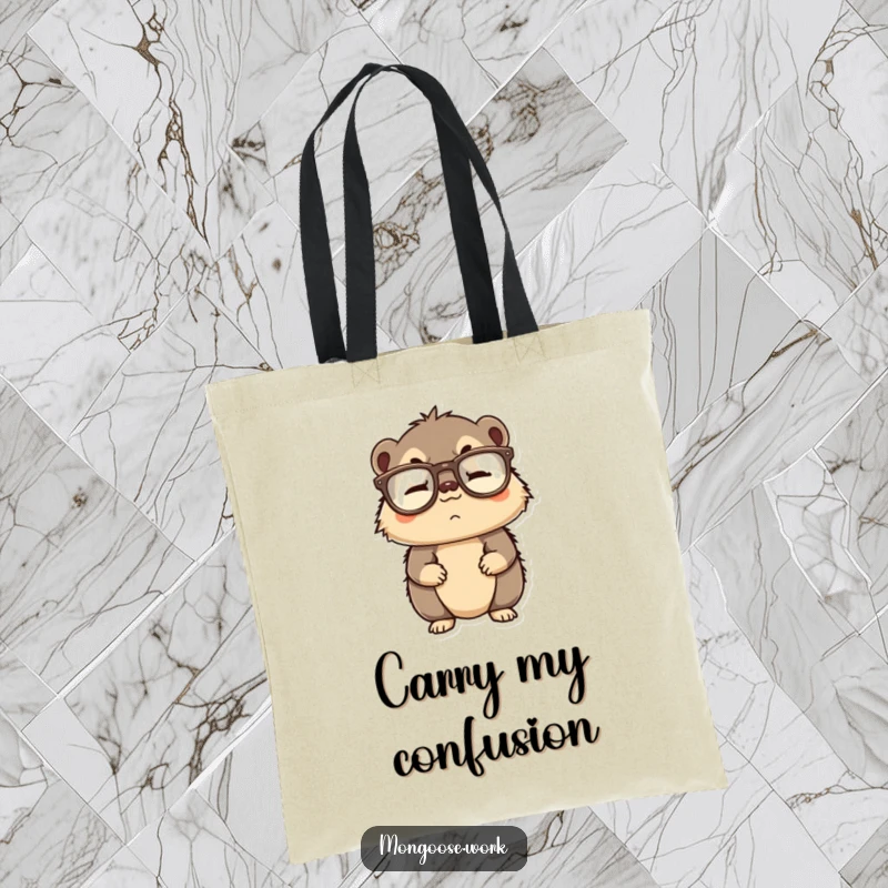 Funny tote bag depicting a confused mongoose with upside down reading glasses, ideal for shopping and everyday use.