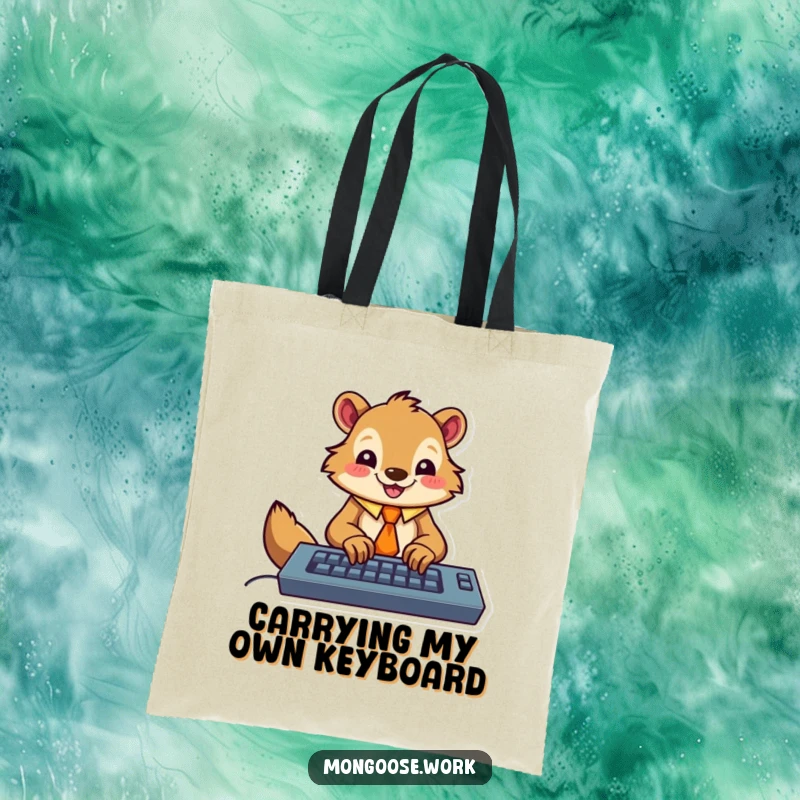 Funny tote bag showing a happy mongoose wearing a tie, enthusiastically typing on a keyboard, great for work essentials with office humor.