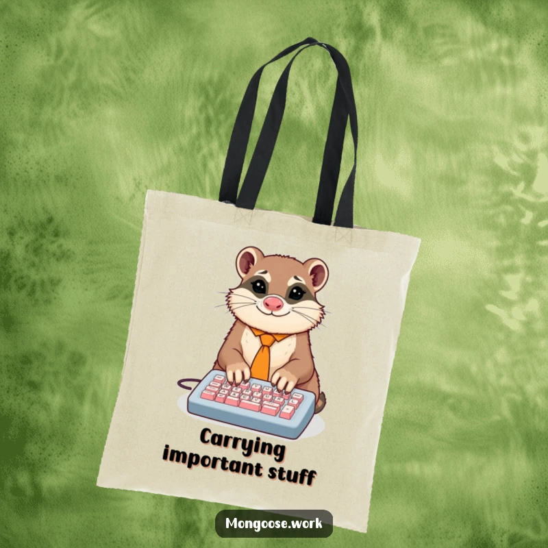 Funny tote bag with a dapper mongoose in a tie comically typing on a tiny keyboard with many paws, ideal for carrying work essentials.