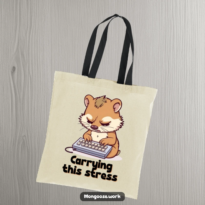 Funny tote bag featuring a stressed mongoose typing rapidly on a tiny keyboard, ideal for busy professionals.
