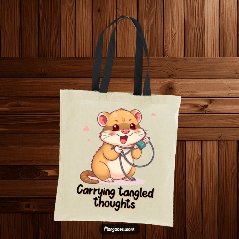 Funny tote bag with a cute mongoose comically tangled in a phone cord, showcasing a humorous and relatable tech accessory.