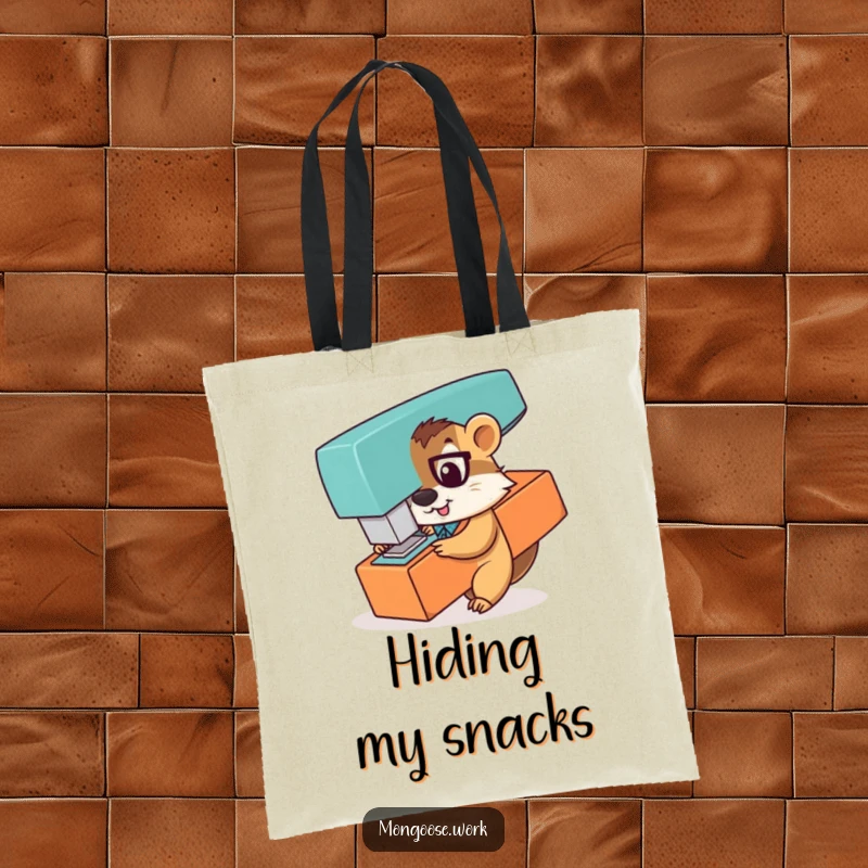 Funny tote bag showing a playful mongoose office worker peeking from behind a giant stapler, with a mischievous sparkle in its eyes.