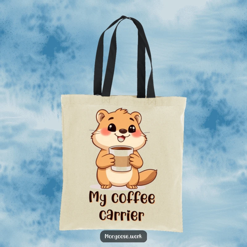 Funny mongoose tote bag, a happy mongoose holding a coffee cup and gesturing excitedly, perfect for coffee runs and showing personality.