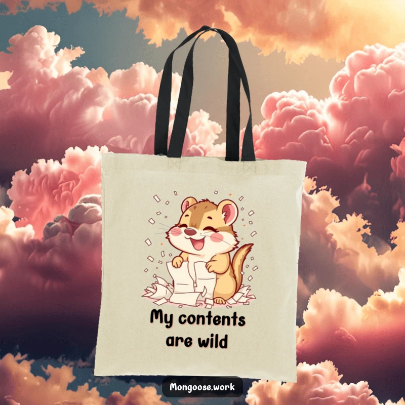 Funny Mongoose Shredding Tote Bag: A vibrant tote bag featuring a mongoose gleefully shredding documents, embodying joyful, energetic chaos.