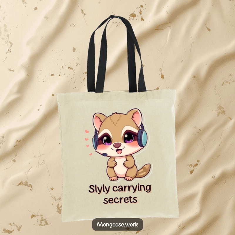 Funny Mongoose spy tote bag featuring a sly character with a headset whispering secrets, great for carrying daily items.