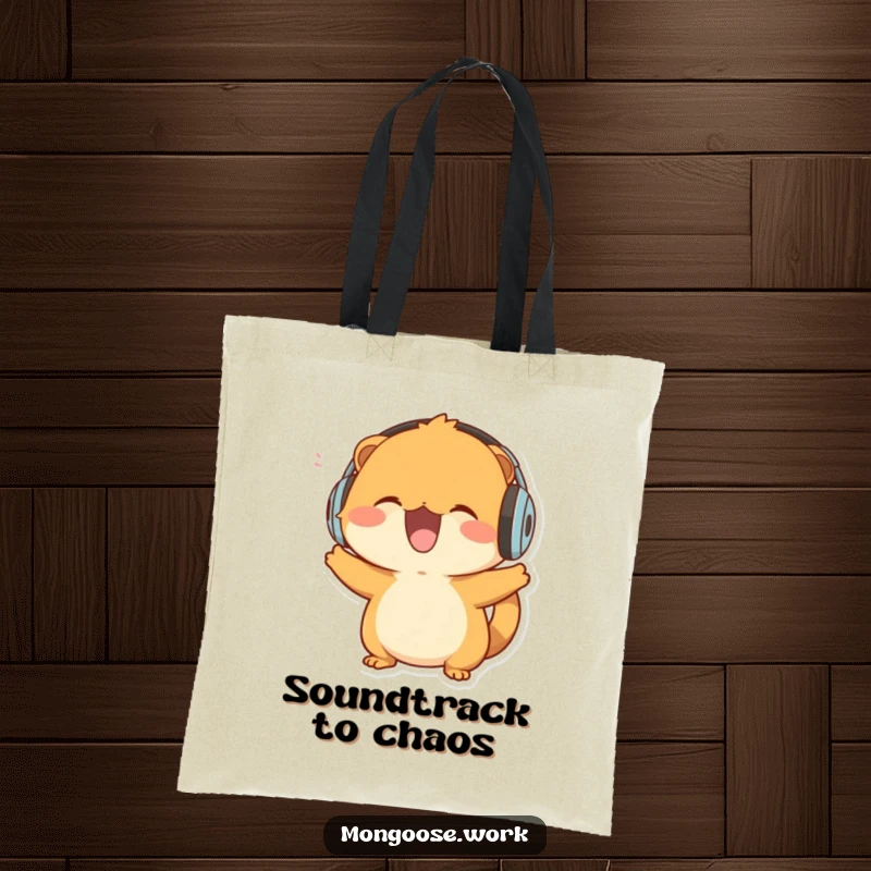 Funny Mongoose Tote Bag: A mongoose with headphones, enthusiastically bobbing its head, perfect for music lovers.
