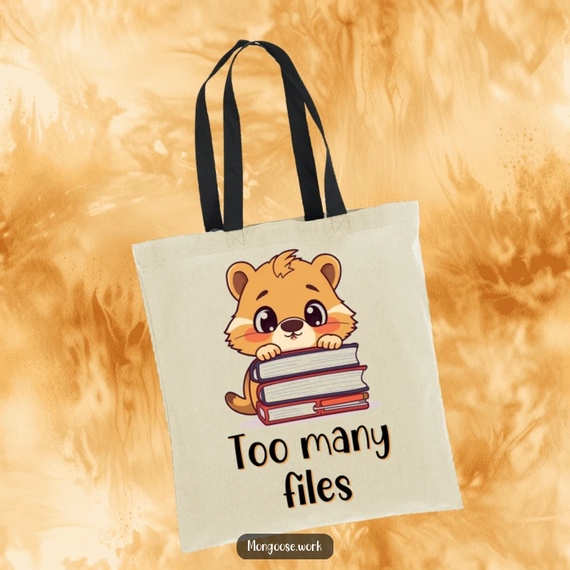 Funny tote bag featuring a surprised mongoose character peeking over a large stack of documents, great for carrying items.